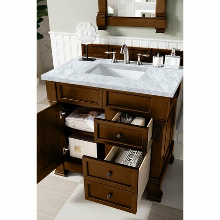 James Martin Vanities Brookfield 36in Single Vanity, Country Oak w/ 3 CM Carrara Marble Top 147-114-5576-3CAR